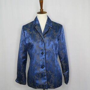 Susan Bristol Women's Blue Embossed Button Down Blazer Jacket 8 Career Satin